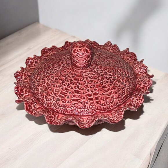 Vintage Dark Pink Bowl with Lid McNees M-1228 Mold Crochet textured Ceramic READ - Picture 2 of 8